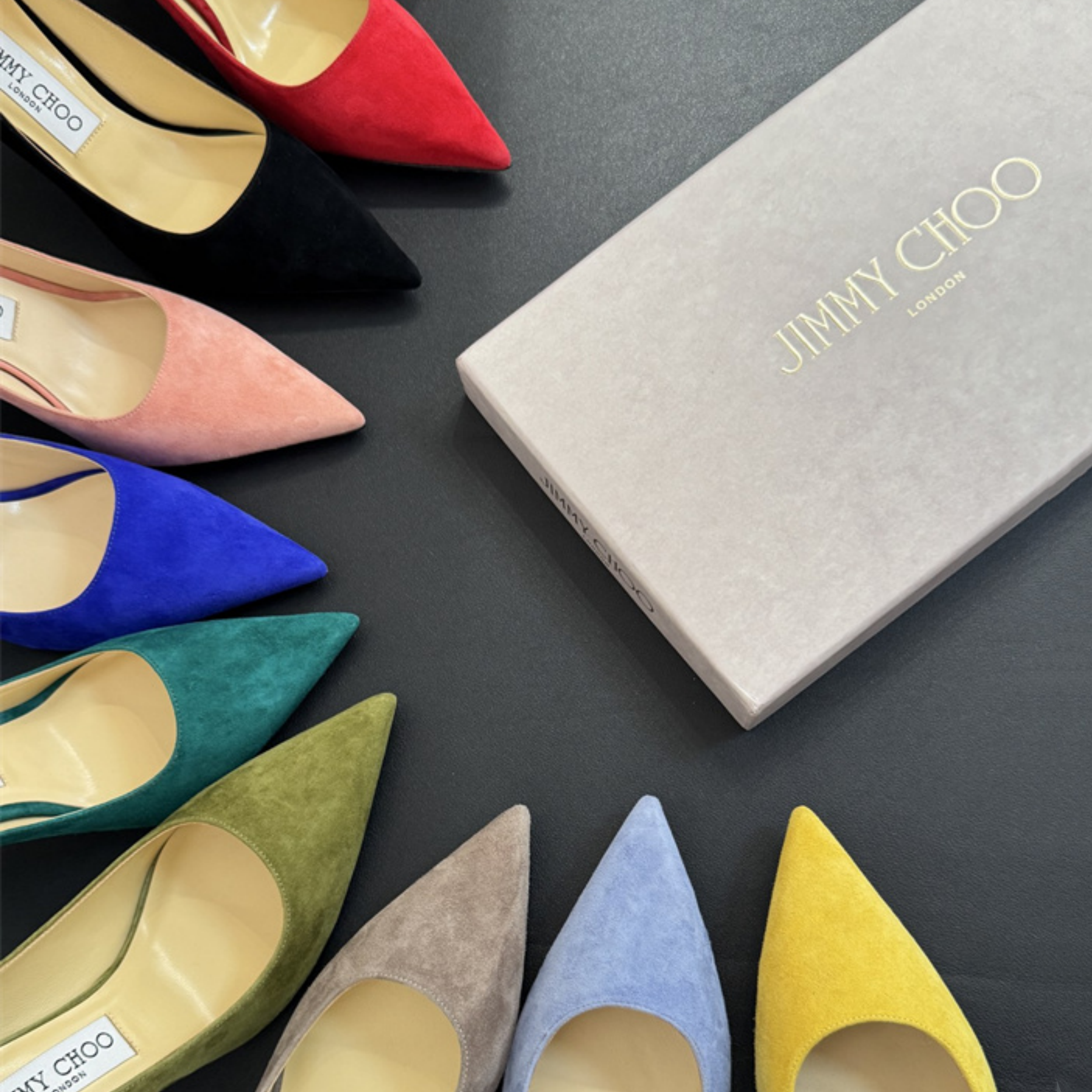 jimmy choo love suede pointed pumps with jc emblem